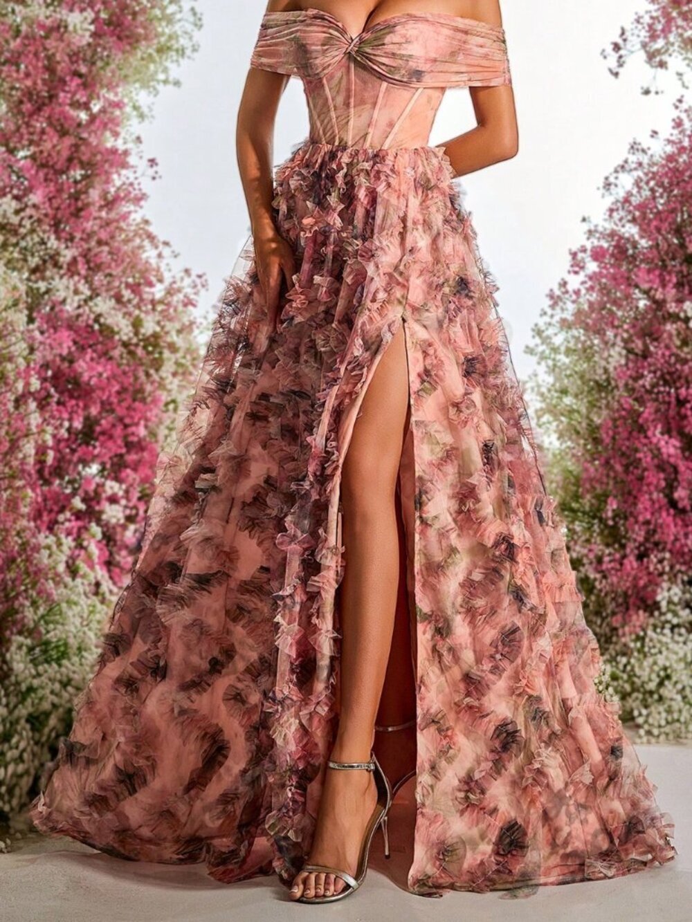 Multicolor Elegant Women's Off-Shoulder High Slit A-Line Maxi Dress - Picture 5 of 7